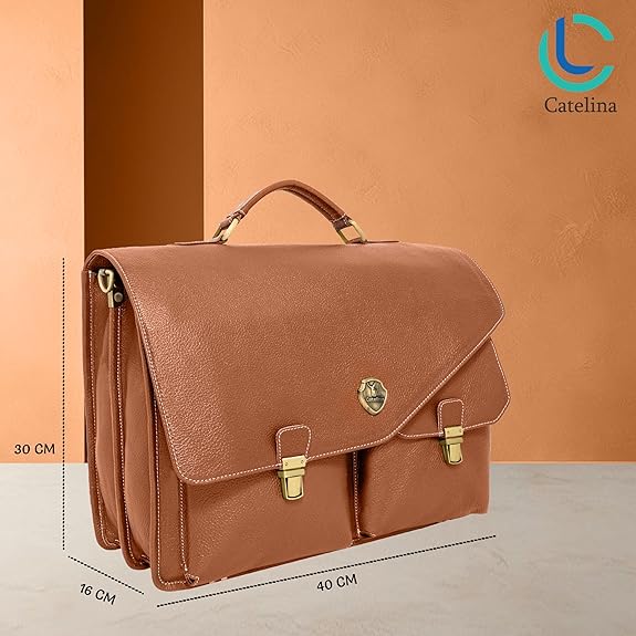 Catelina Premium Genuine Leather Office Bag for Men – Professional Laptop Briefcase with Handle – Black Executive Messenger Bag with Buckle Closure & Multiple Compartments 15.6 Inch