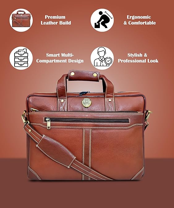 Catelina Genuine Leather Office Laptop Bag for Men – Premium Brown Executive Briefcase with Shoulder Strap & Handle – Stylish Business Messenger Bag for Work & Travel