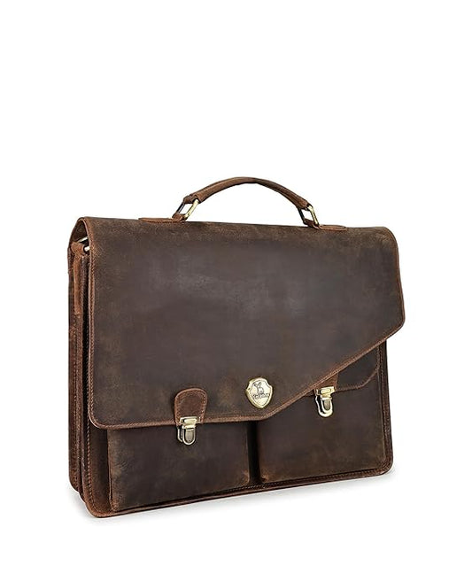Vintage Hunter Leather Laptop Messenger Bag for Men – 15.6 Inch Office Briefcase with Shoulder Strap – Handmade Rustic Brown Business Bag for Work, Travel & College