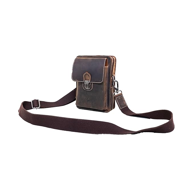 Catelina Hunter Leather Crossbody Sling Bag for Men – Vintage Brown Small Shoulder Pouch with Buckle – Rugged Genuine Leather Travel Messenger Bag