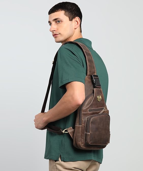 Catelina Hunter Leather Sling Bag – Premium Crossbody Chest Bag for Travel, Work & Everyday Use Crossbody Shoulder Bag with Multiple Pockets, Brown