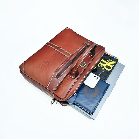 Catelina Genuine Leather Office Laptop Bag for Men – Premium Brown Executive Briefcase with Shoulder Strap & Handle – Stylish Business Messenger Bag for Work & Travel