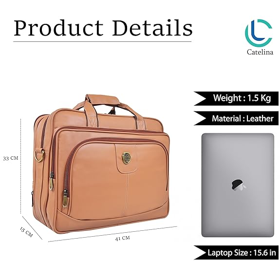 Catelina Centrum Tan Faux Leather Laptop & Office Bag for Men & Women – Stylish Business Briefcase with Multiple Compartments & Padded Laptop Sleeve – Professional Work & Travel Bag