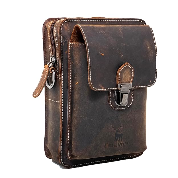 Catelina Hunter Leather Crossbody Sling Bag for Men – Vintage Brown Small Shoulder Pouch with Buckle – Rugged Genuine Leather Travel Messenger Bag