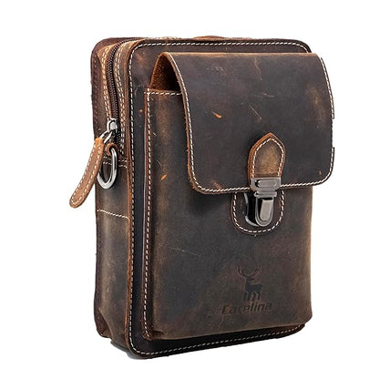 Catelina Hunter Leather Crossbody Sling Bag for Men – Vintage Brown Small Shoulder Pouch with Buckle – Rugged Genuine Leather Travel Messenger Bag