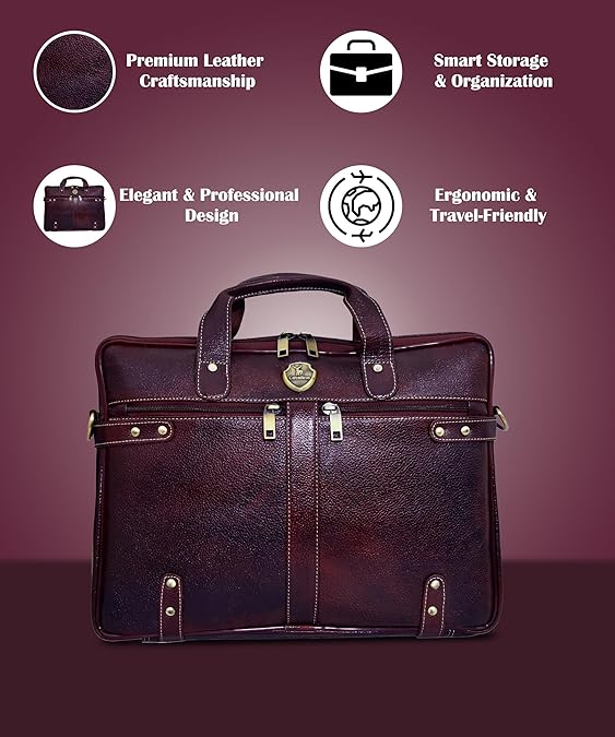 Catelina Genuine Leather Laptop Bag for Men – Premium Dark Brown Executive Office Briefcase with Dual Front Zipper Pockets & Shoulder Strap – Business Messenger Bag
