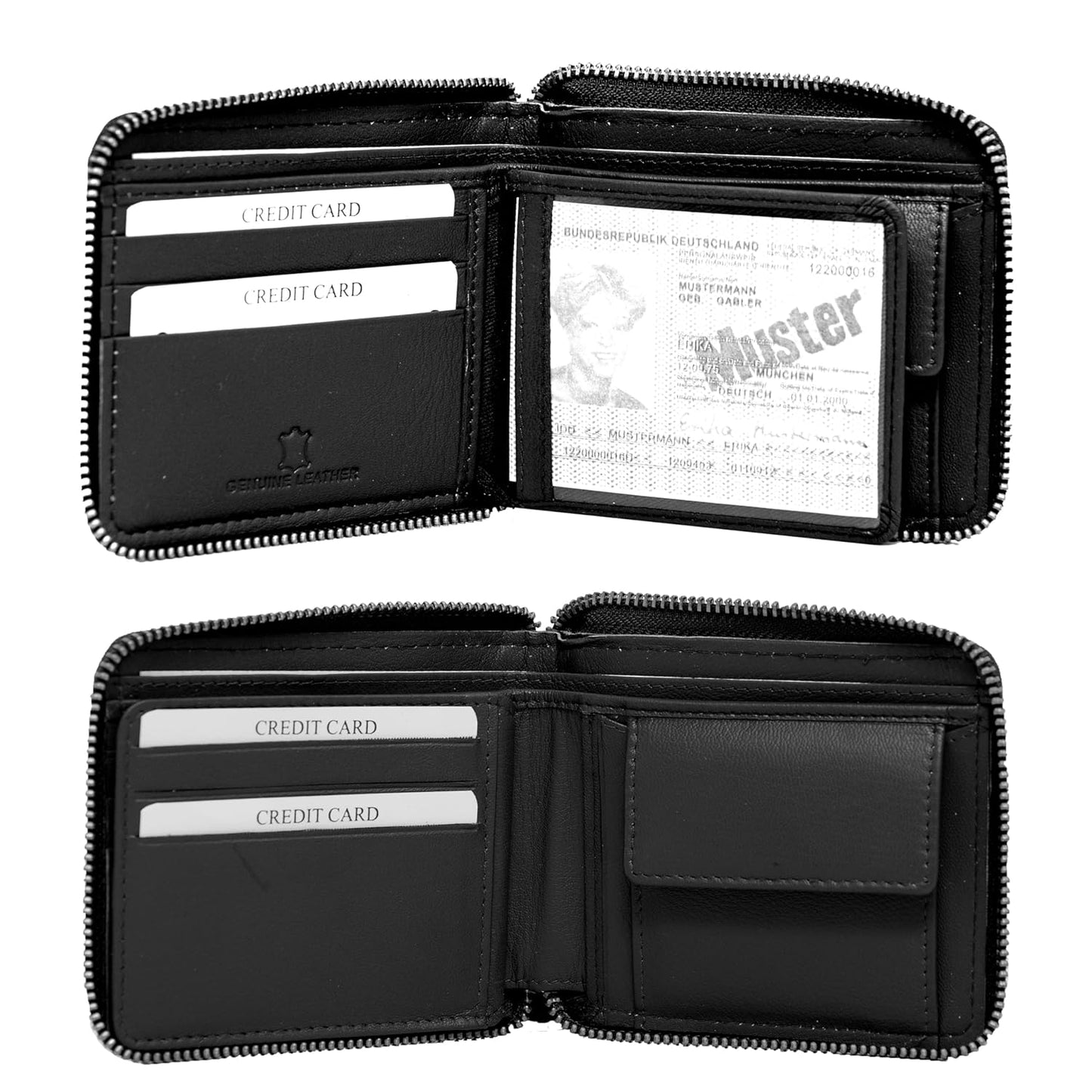 Catelina Genuine Leather Wallet for Men with Zip Closure | RFID Blocking Slim Bifold Card Holder | Compact Black Wallet for Travel, Daily Use, Gift for Husband, Brother, Father