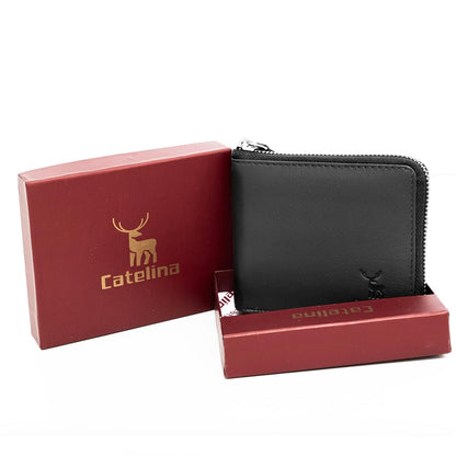 Catelina Genuine Leather Wallet for Men with Zip Closure | RFID Blocking Slim Bifold Card Holder | Compact Black Wallet for Travel, Daily Use, Gift for Husband, Brother, Father