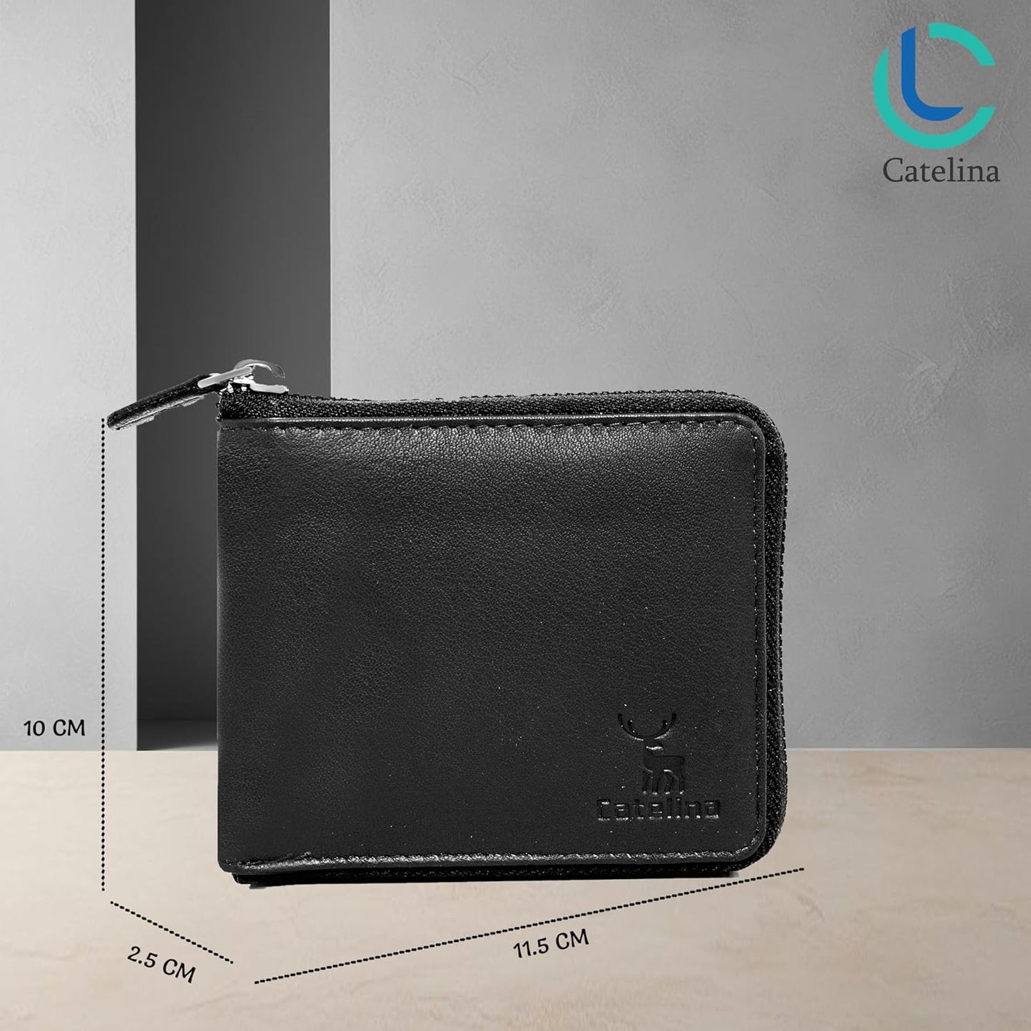 Catelina Genuine Leather Wallet for Men with Zip Closure | RFID Blocking Slim Bifold Card Holder | Compact Black Wallet for Travel, Daily Use, Gift for Husband, Brother, Father