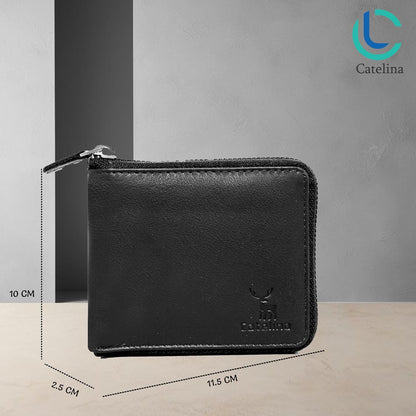 Catelina Genuine Leather Wallet for Men with Zip Closure | RFID Blocking Slim Bifold Card Holder | Compact Black Wallet for Travel, Daily Use, Gift for Husband, Brother, Father