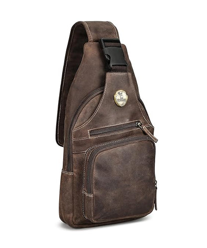 Catelina Hunter Leather Sling Bag – Premium Crossbody Chest Bag for Travel, Work & Everyday Use Crossbody Shoulder Bag with Multiple Pockets, Brown
