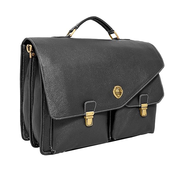 Catelina Premium Genuine Leather Office Bag for Men – Professional Laptop Briefcase with Handle – Black Executive Messenger Bag with Buckle Closure & Multiple Compartments 15.6 Inch