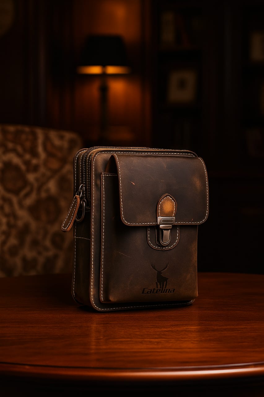 Catelina Hunter Leather Crossbody Sling Bag for Men – Vintage Brown Small Shoulder Pouch with Buckle – Rugged Genuine Leather Travel Messenger Bag