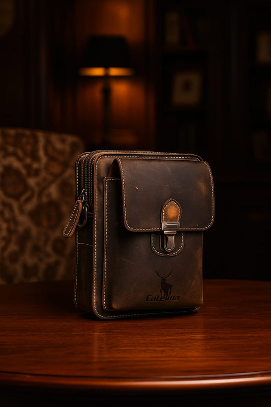 Catelina Hunter Leather Crossbody Sling Bag for Men – Vintage Brown Small Shoulder Pouch with Buckle – Rugged Genuine Leather Travel Messenger Bag